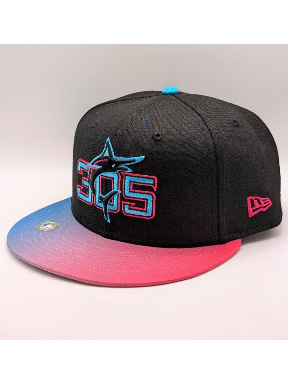 Miami Marlins 305 New Era Fitted Hat Black Pink Blue Size 7 5/8 MLB Baseball Cap